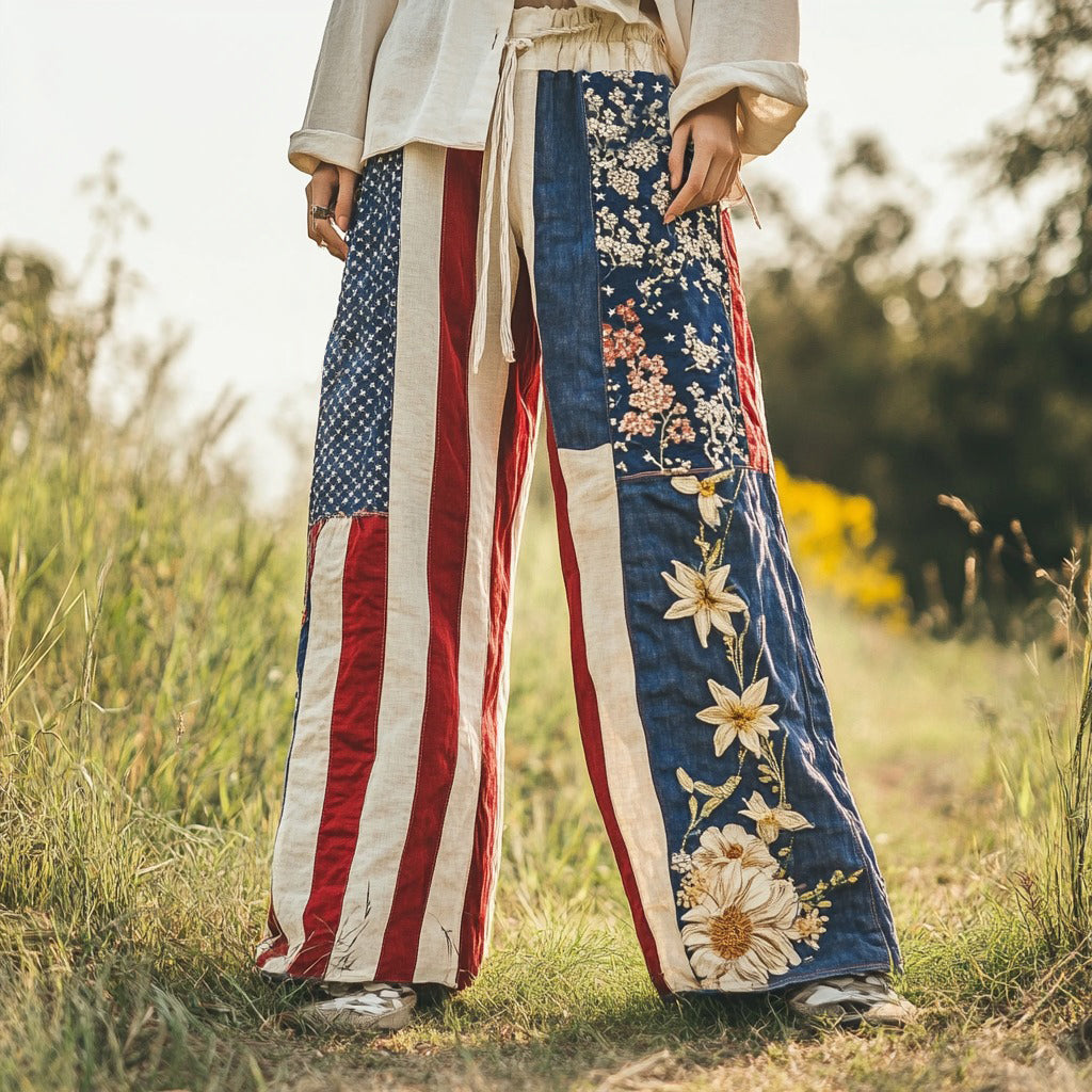Women's Vintage Independence Day Floral Embroidery Patchwork Design Linen Wide Leg Pants artswardrobe