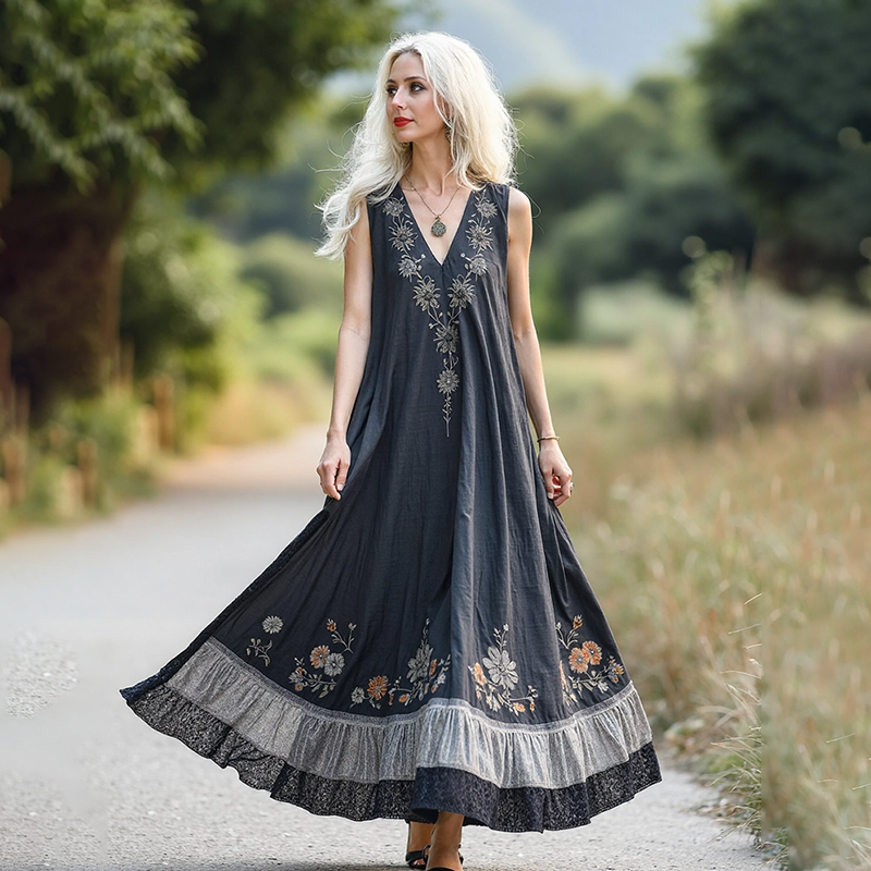 Retro Bohemian Floral Embroidery Art Sleeveless Cozy Linen Maxi Dress artswardrobe