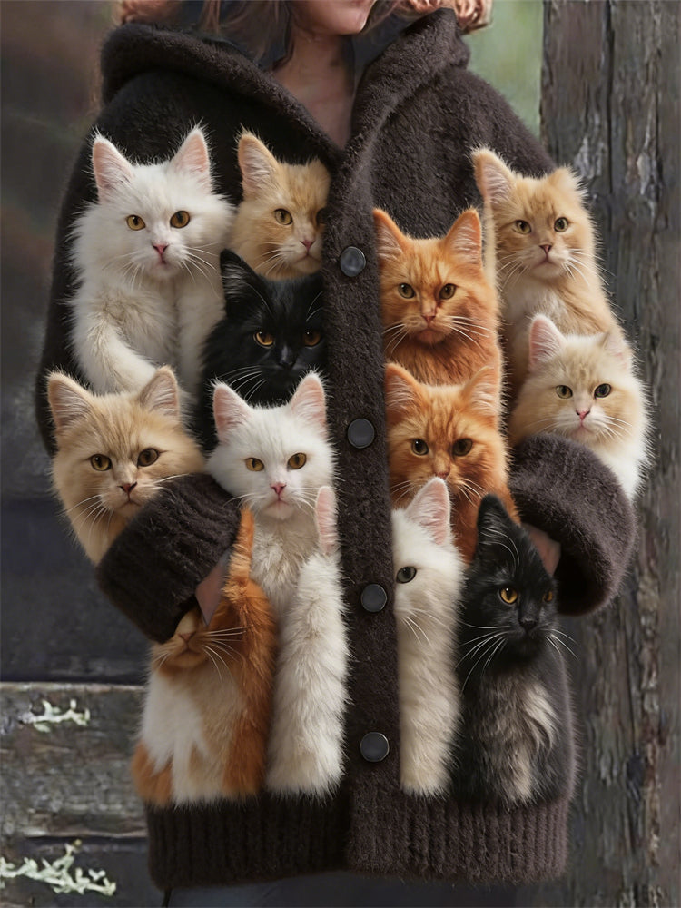 Comstylish Lovely Fuzzy Cats Cozy Knit Hooded Cardigan