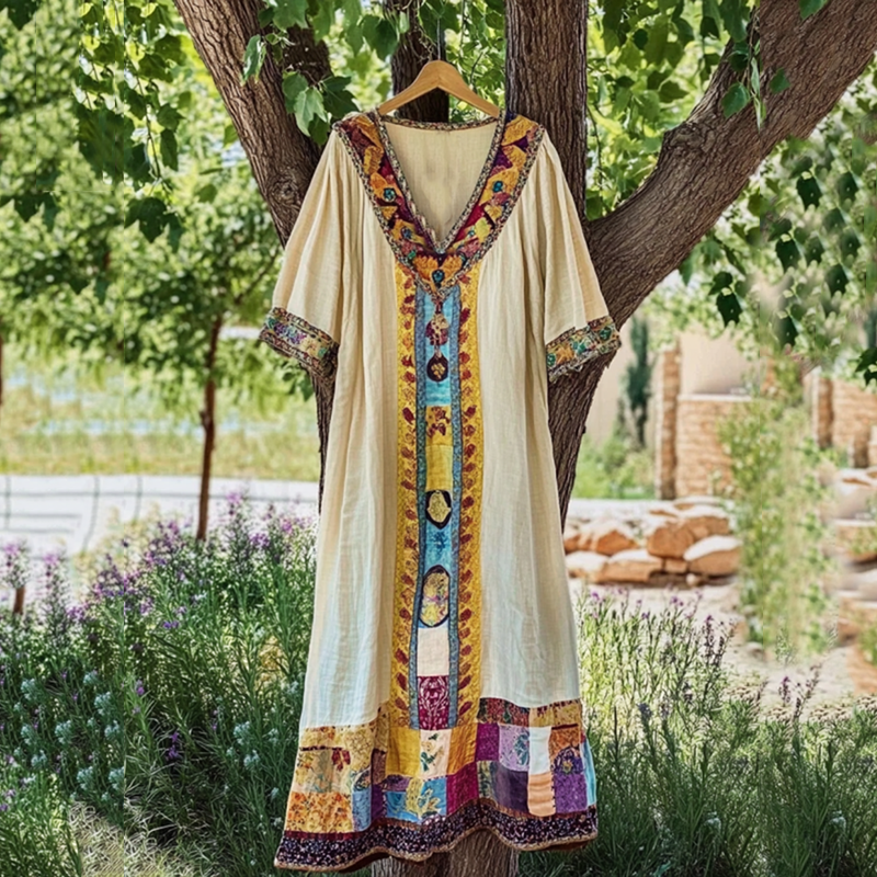 Comstylish Vintage Patchwork Art Linen Short Sleeve Tank Dress