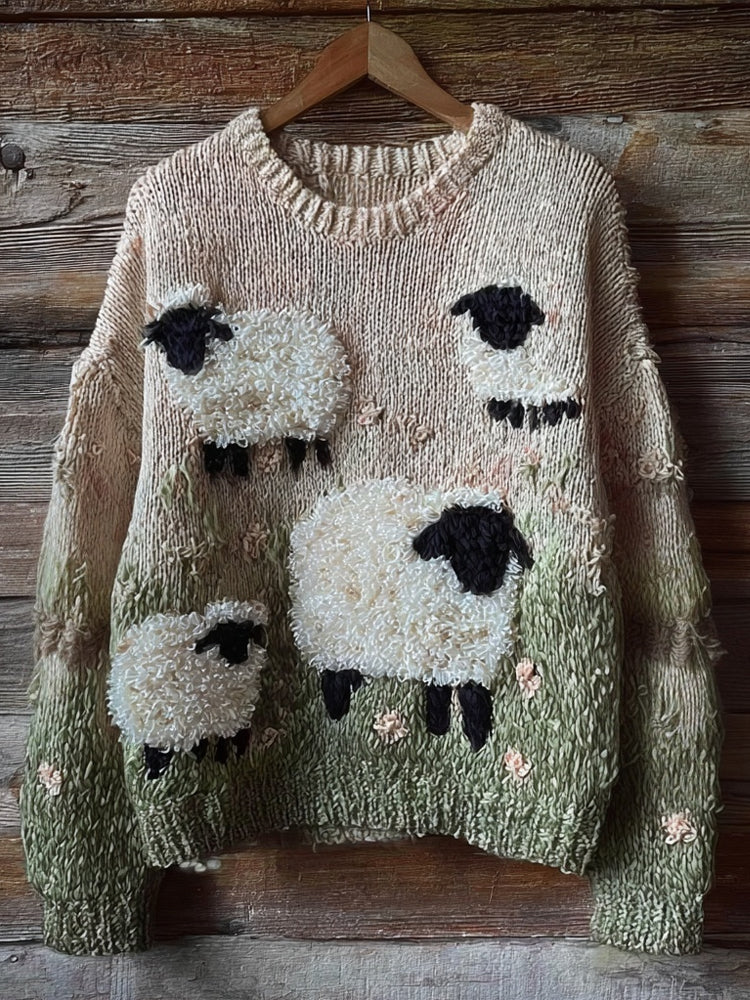 Cute Fuzzy Blacknose Sheep Embroidered Cozy Knit Sweater elevenforest