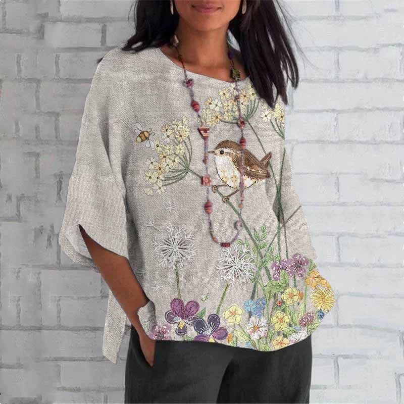 Women's Boho Birds Floral Art Loose Crew Neck Tops artswardrobe