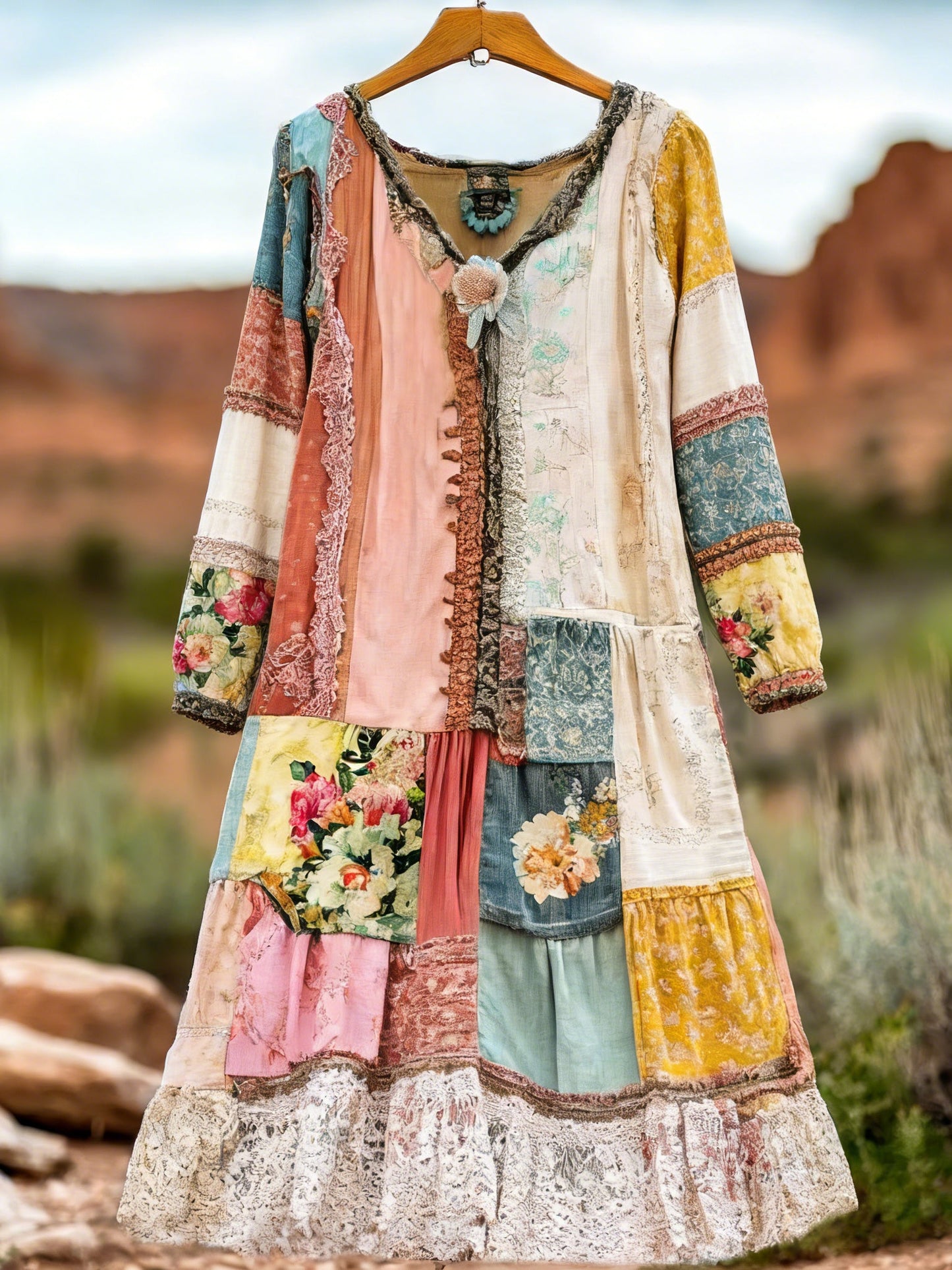 Women's Retro Bohemian Floral Casual V-neck Long Sleeve Dress