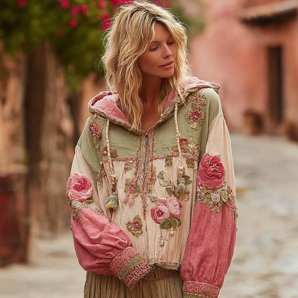 Women's Color-blocked Floral Vintage Hooded Cardigan