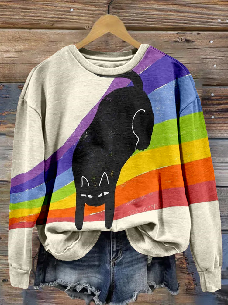 Rainbow Cat Art Print Vintage Cozy Sweatshirt elevenforest