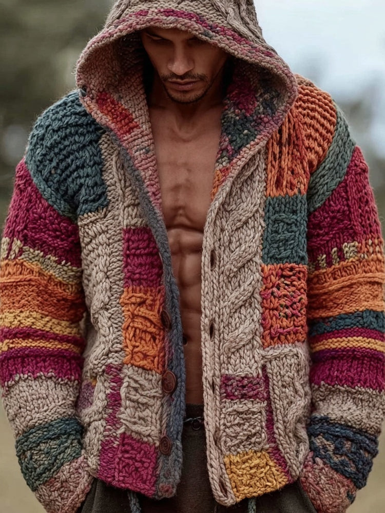 Men's Retro Geometric Patchwork Cozy Hooded Cardigan artswardrobe