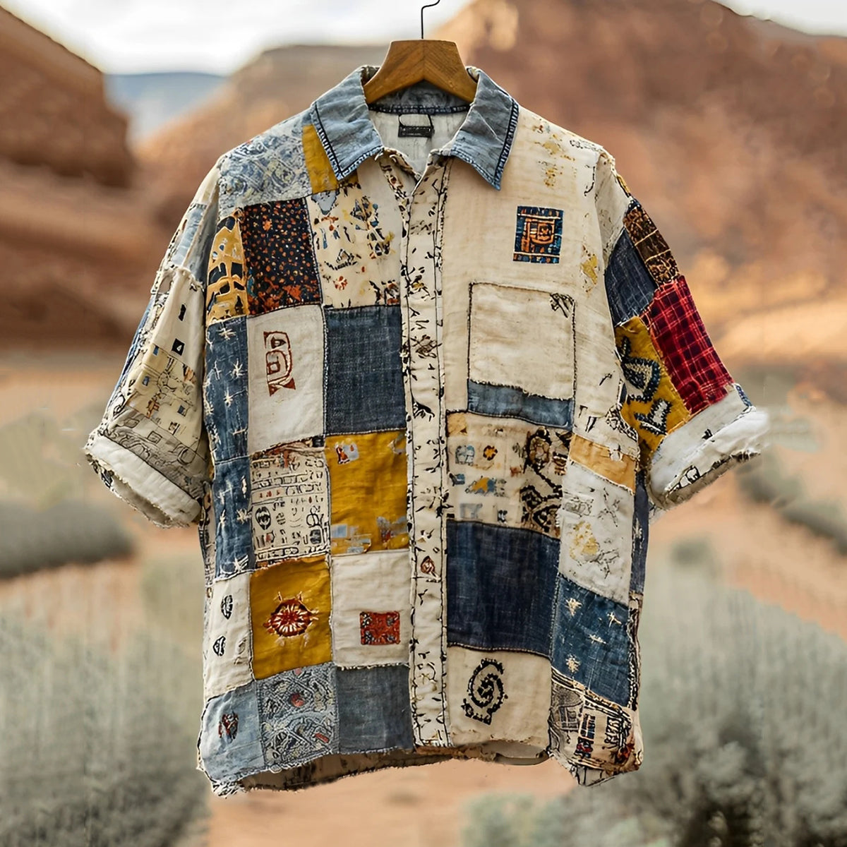 Men's Vintage Spliced contrasting Linen Shirt artswardrobe