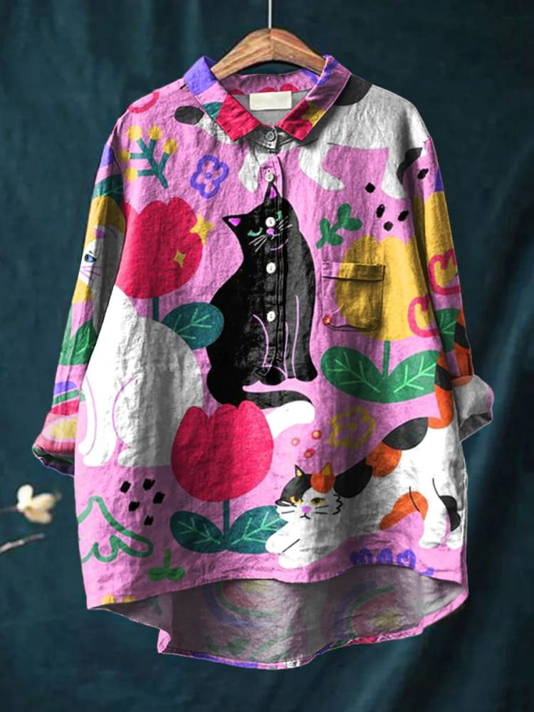 Women's Cat Flower Art Print Casual Cotton And Linen Shirt