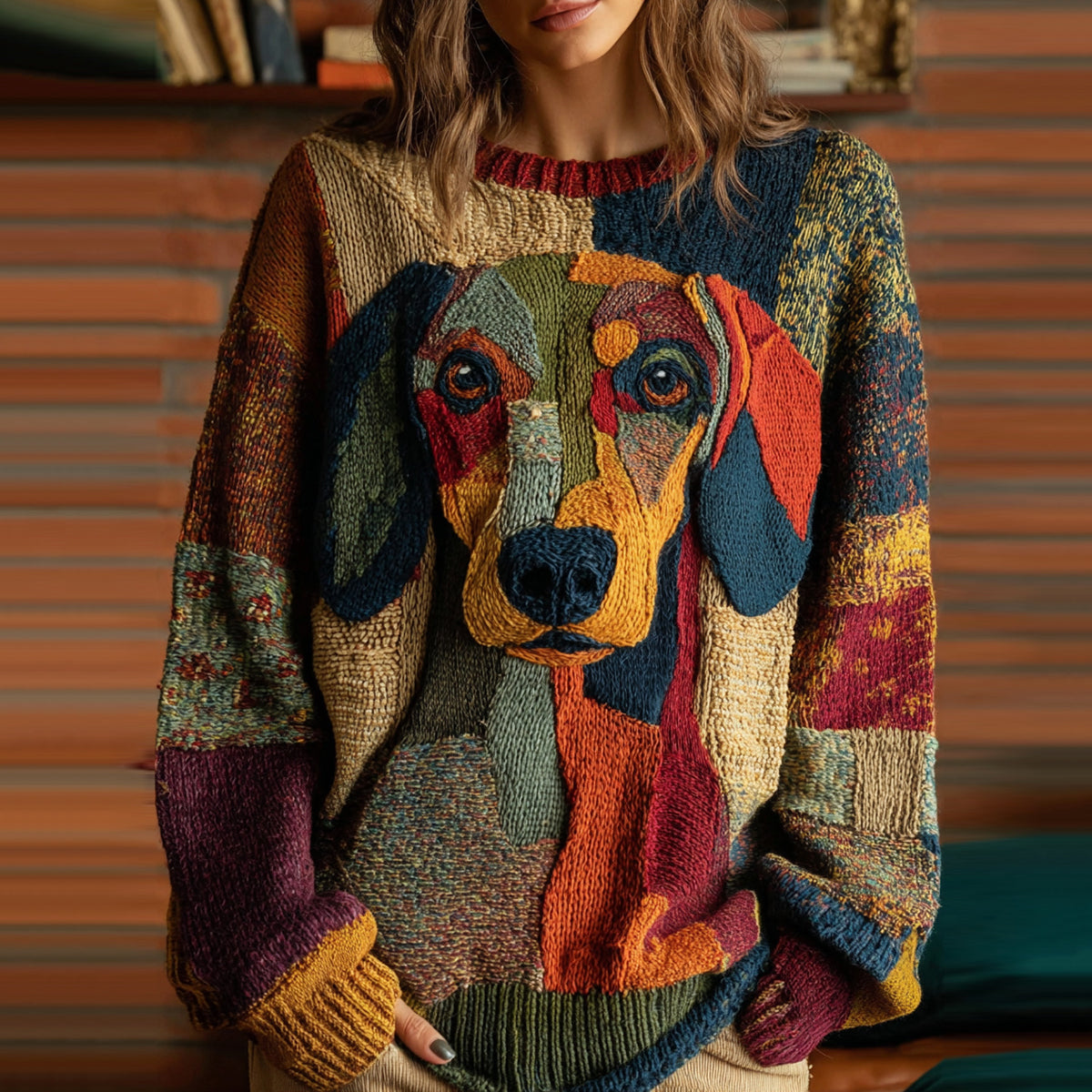 Vintage Classic Patchwork Dachshund Inspired Cozy Knit Sweater elevenforest