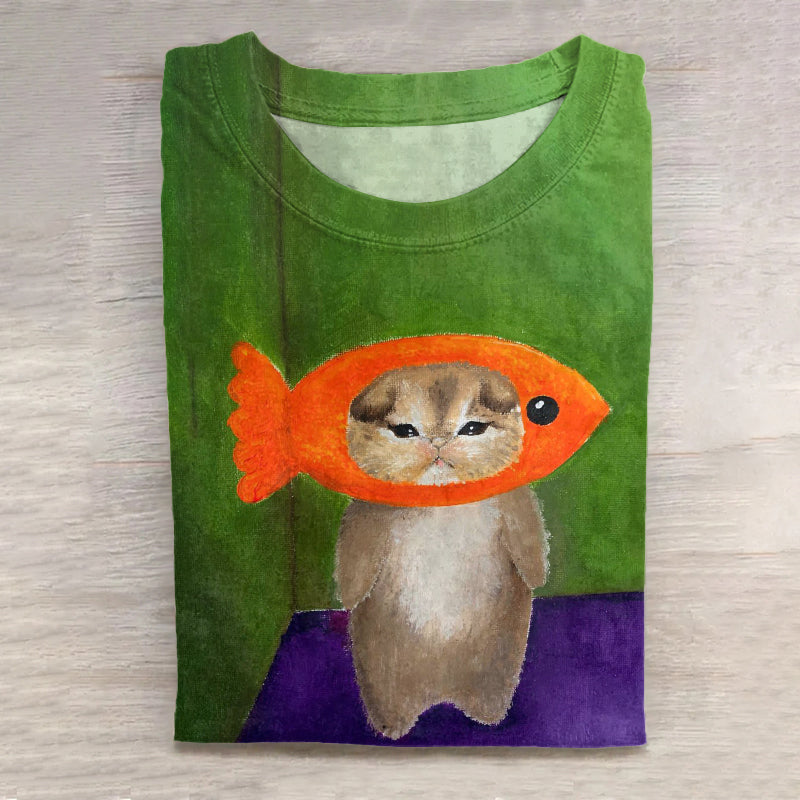 Abstract Creative Cute Cat With Fish Hood Art Print Cotton Graphic T-shirt elevenforest