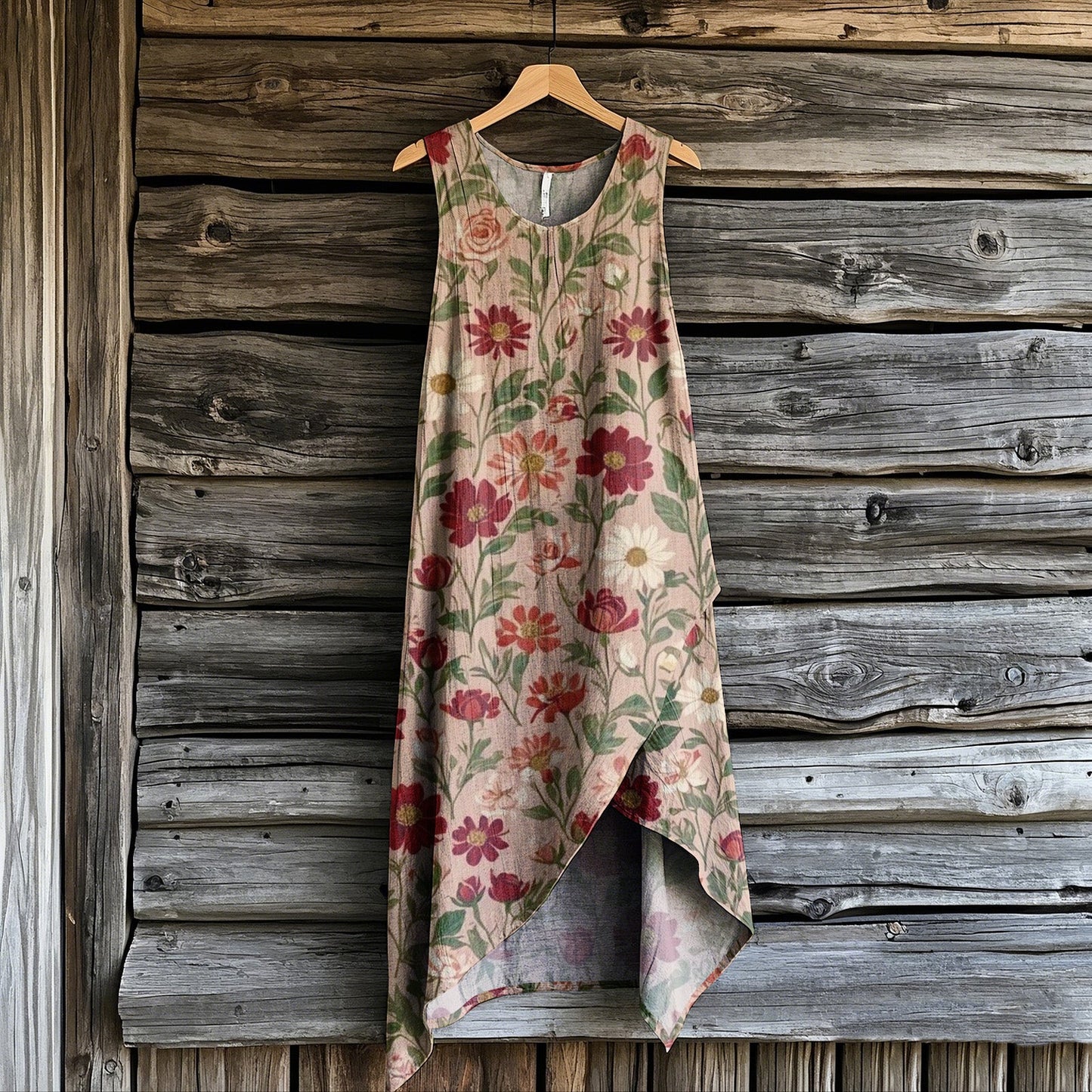 Women's Bohemian Style Lovely Flowers Art Irregular Design Sleeveless Dress artswardrobe