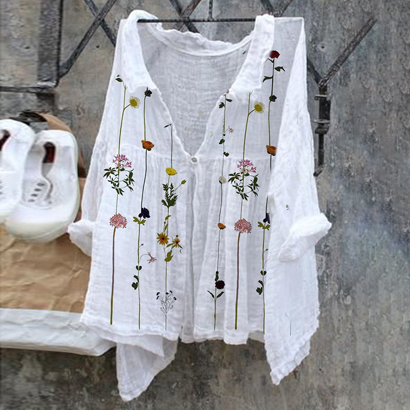 Comstylish Floral Pattern Ladies Casual Floral Print Cotton Linen Shirt