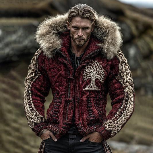 Men's Viking Life Of Tree Celtic Knot Art Warm Christmas Knit Hooded Jacket artswardrobe