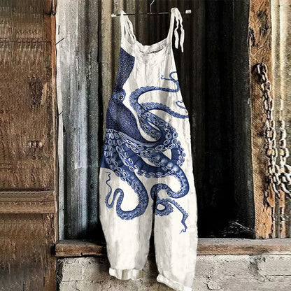 Comstylish Japanese Art Octopus Print Loose Casual Jumpsuit
