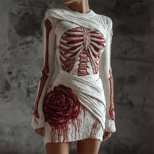 Comstylish Halloween Bloody Rose Skeleton Anatomy Bandages Sweater Dress