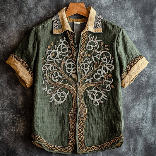 Men's Retro Viking Tribal Life Of Tree Celtic Art Linen Shirt artswardrobe