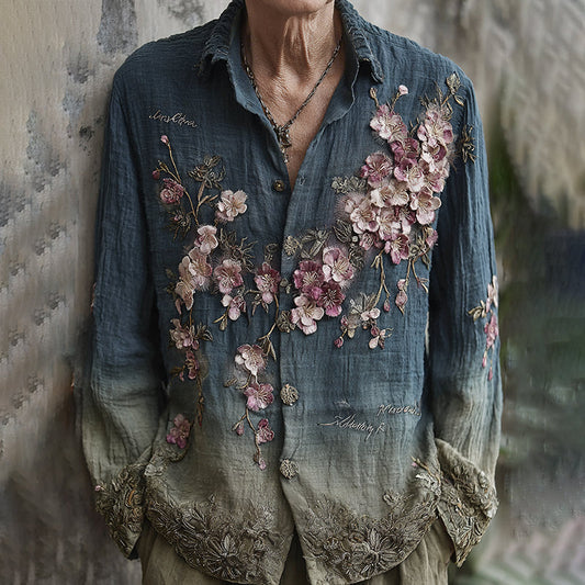 Men's Vintage Japanese Sakura Embroidered Art Linen Shirt artswardrobe