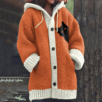 Comstylish Vintage Peek-A-Boo Hiding Black Cat Pattern Women's Hooded Sweater Cardigan