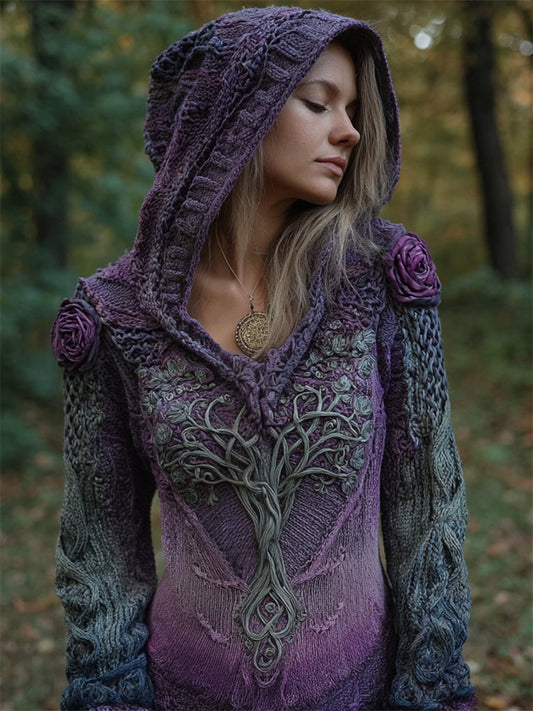 Comstylish Vintage Purple Roses Tree Of Life Gradient Cozy Hooded Sweater