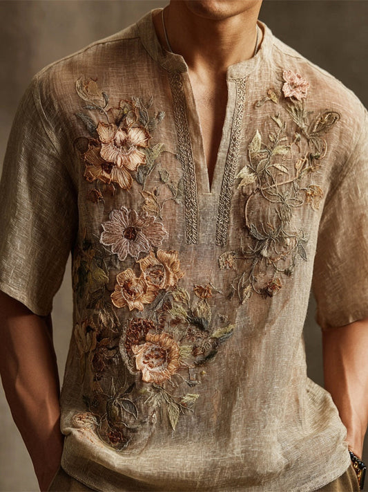 Vintage Floral Lace Embroidered Men's Linen V-neck Shirt artswardrobe