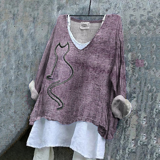 Comstylish Women's Abstract Zipper Cat Art Cotton And Linen V-neck Shirt