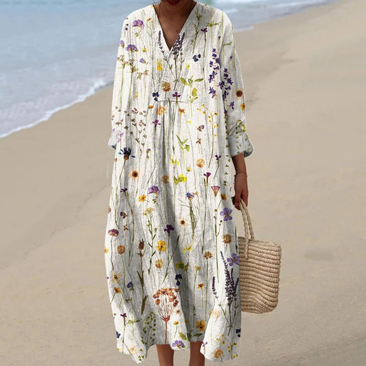 Vintage Floral Art Print V Neck Midi Dress artswardrobe