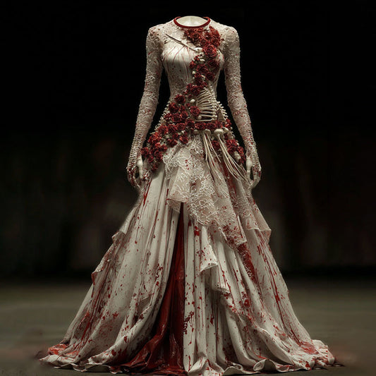Comstylish Vintage Halloween Bloody Red Roses Patchwork Linen Maxi Dress