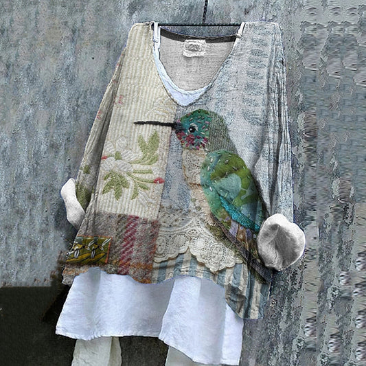 Comstylish Women's Floral And Bird Pattern Cotton And Linen Shirt