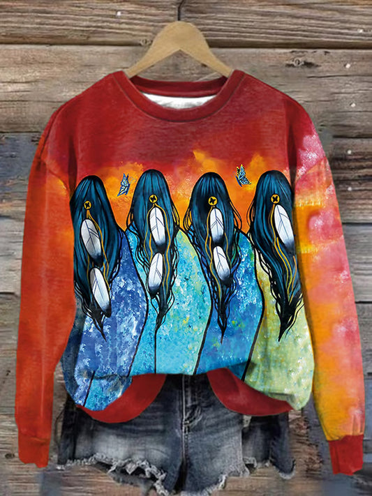 Comstylish Retro Native American Heritage Month Women Feathers Oil Painting Print Sweatshirt