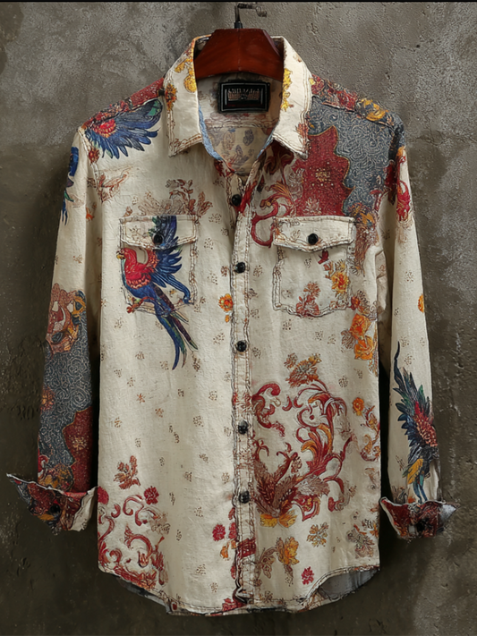 Western Style Flower And Bird Elements Retro Cotton And Linen Short-sleeve Shirt artswardrobe