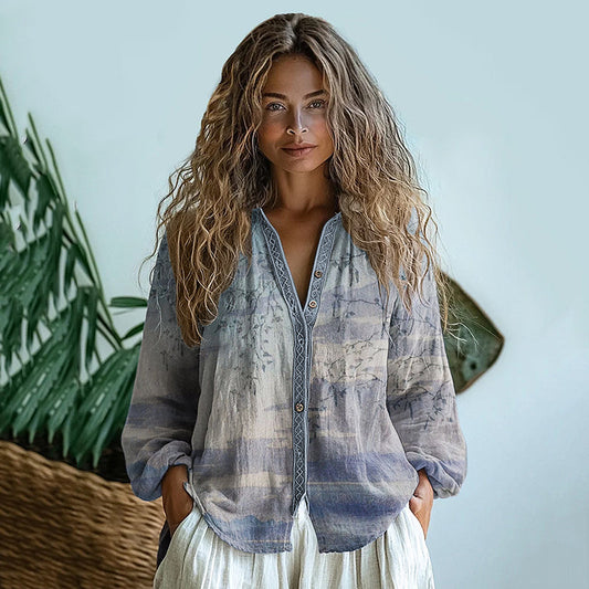 Bohemian Style Linen Graduate Floral Art Print Long Sleeve Shirt artswardrobe