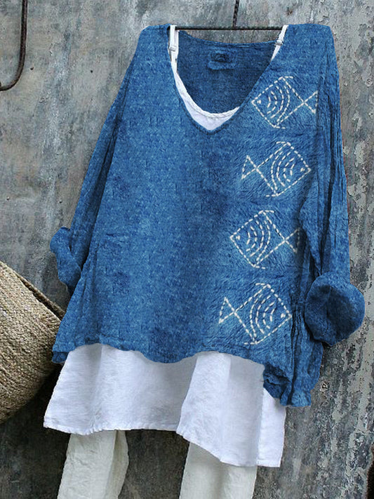 Comstylish Fish Japanese Geometric Embroidered Linen Blend Tunic