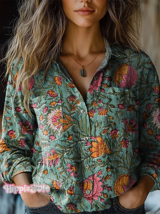 Women's Retro Flowers Print Casual Long Sleeve Comfortable Cotton Shir