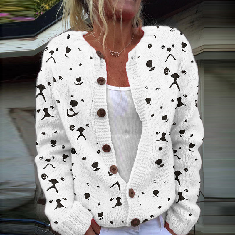 Comstylish Dog Face Print Knit Cozy Cardigan