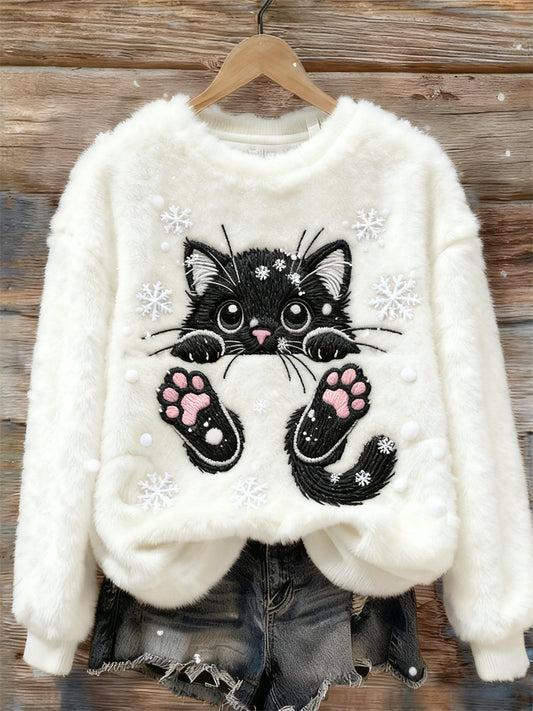 Comstylish Lovely Cat In The Snow Snowflakes Cozy Plush Sweatshirt