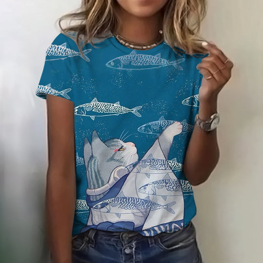 Comstylish Funny Fish And Cat Wearing Kimono T-shirt