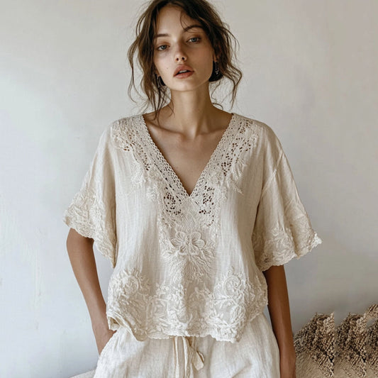 Vintage Floral Lace Embroidered Comfy V Neck Shirt artswardrobe