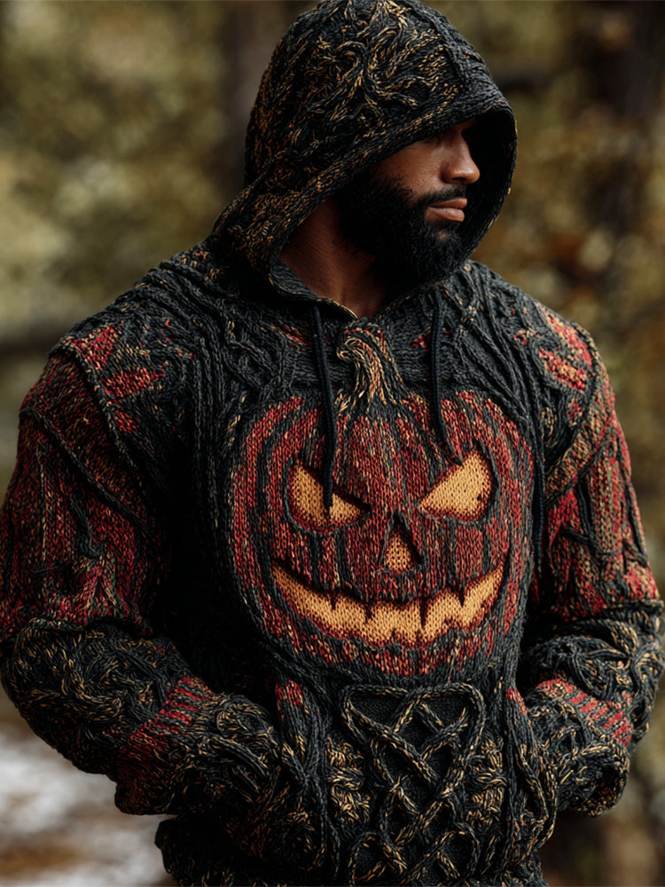 Halloween Pumpkin Lights Men's Chunky Knit Hooded Sweater elevenforest