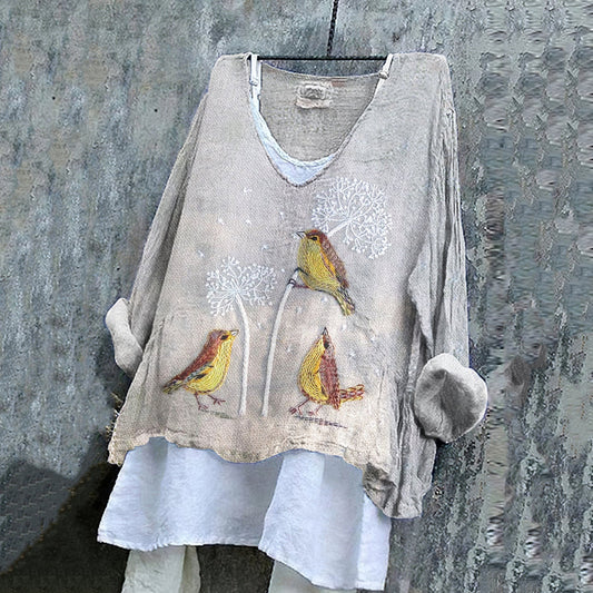 Women's Dandelions And Birds Art  Loose V-neck Shirt artswardrobe