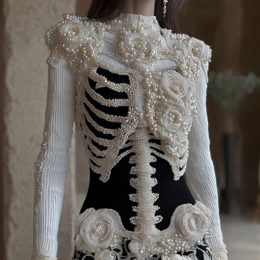 Comstylish Women's Vintage Halloween Skeleton Bones With Rose Art Cozy Knit Mini Sweater Dress