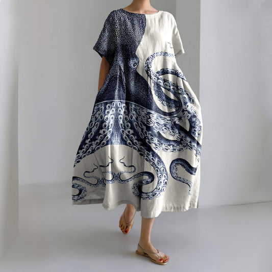 Comstylish Japanese Octopus Art Print Short Sleeve Loose Midi Dress