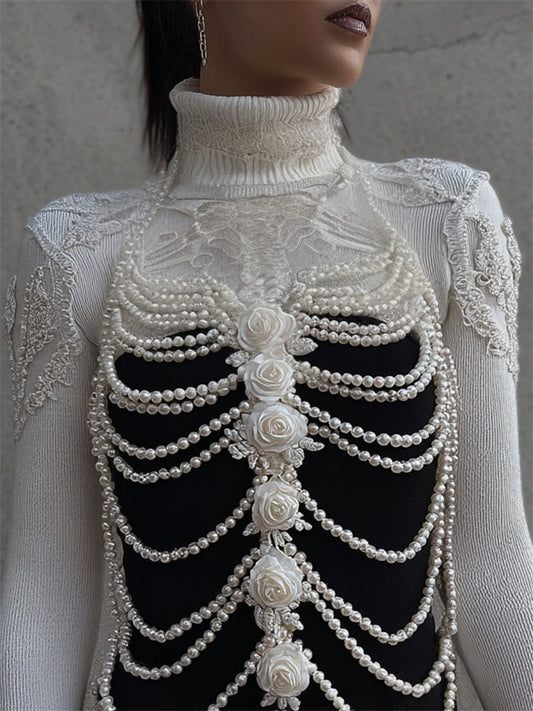 Comstylish Classy Roses Skeleton Pearls Lace Embroidered Turtleneck Sweater