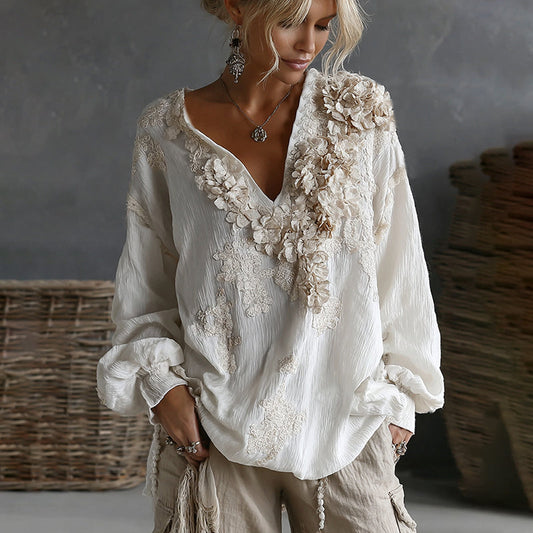Comstylish Vintage Boho Roses Embroidered Art V Neck Linen Tunic