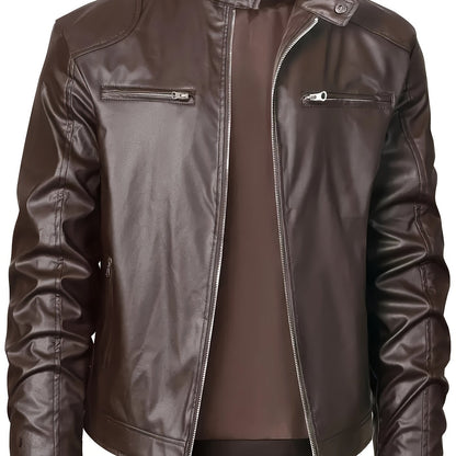 LM | Stylish PU leather jacket with color blocks and multi-zip design