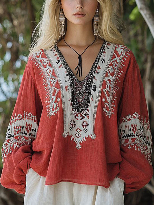 Vintage Bohemian Patterned Women's Linen Shirt artswardrobe