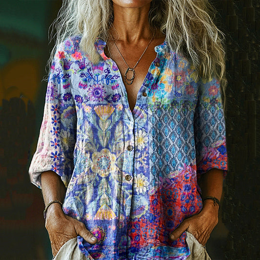 Comstylish Women's Bohemian Floral Patchwork Casual Cotton And Linen Shirt