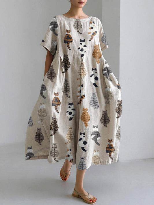 Comstylish Cute Cats Embroidery Pattern Linen Blend Dress
