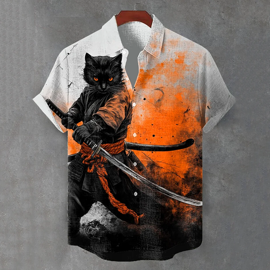 Men's Retro A Handsome Swordsman Black Cat In Samurai Clothes Hold Sword Art Casual Short Sleeve Shirts elevenforest