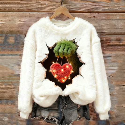 Comstylish Monster With A Heart Holding A Warm Round Neck Flannel Sweatshirt