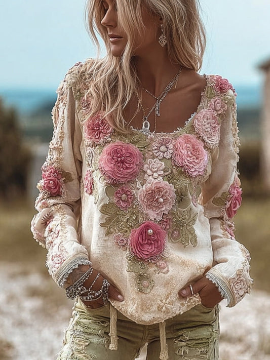 Comstylish Women's Romantic Pink Rose Vintage Casual Long-sleeved Top